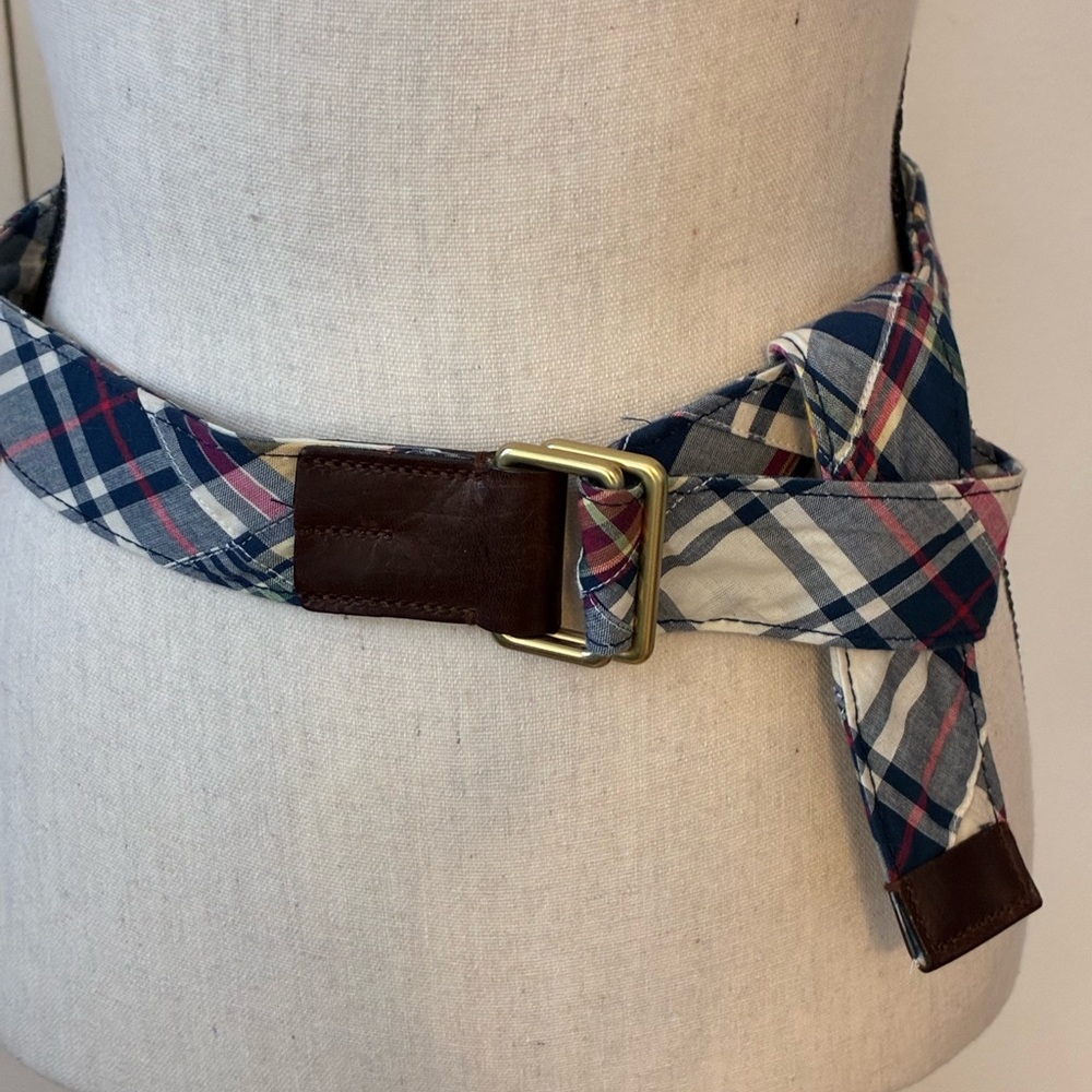 Vintage Brooks Brothers Multicolor Plaid Fabric Leather Buckle Adjustable Belt